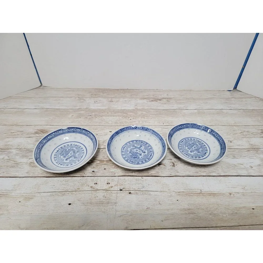 x3 Chinese Rice Grain Small‎ Bowls, Soya Sauce Bowls, Blue and White China